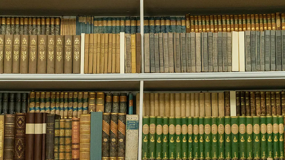 Estantes con libros antiguos organizados por colores y tamaños en una biblioteca.